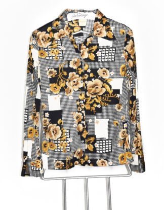 70's blouse retro design gold flowers black and white shapes