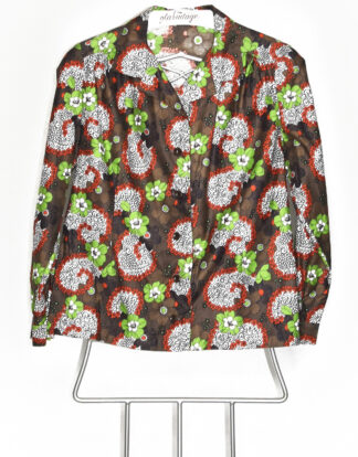70's blouse green flowers brown and red design