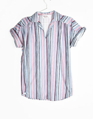 70's blouse retro pink blue black and white vertical lines