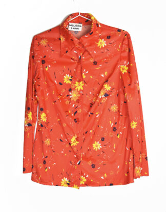 70's blouse red small yellow flowers print