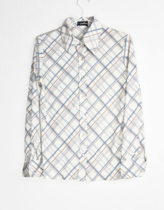 70's blouse white with diagonal blue grey and red lines design