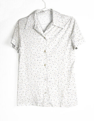 70's blouse white with black and brown squares mini print