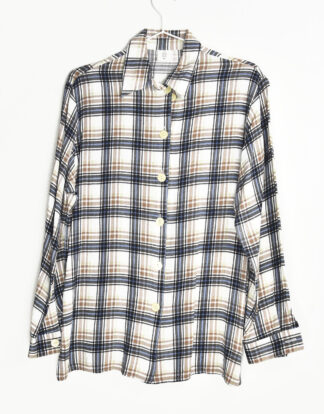 70's blouse checkered blue brown and white design