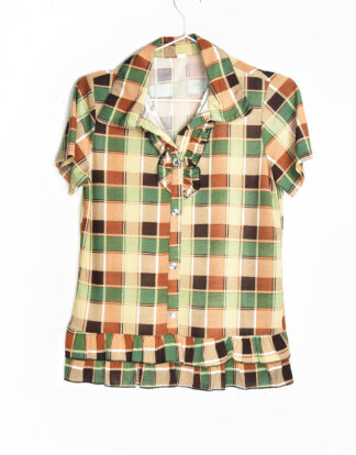 70's blouse brown red and green checkered design