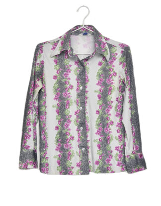 70's blouse vertical grey and flowers print design