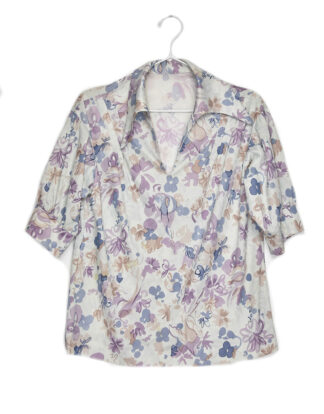 70's blouse grey with pastel colors flowers print