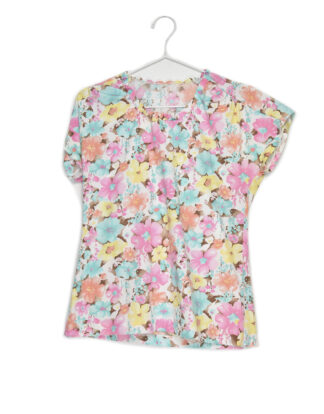 70's blouse pastel colors blue yellow and pink flowers print