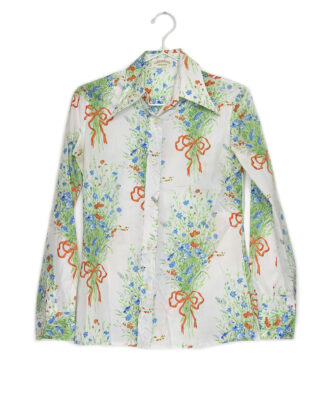 70's blouse white with flowers bouquet print