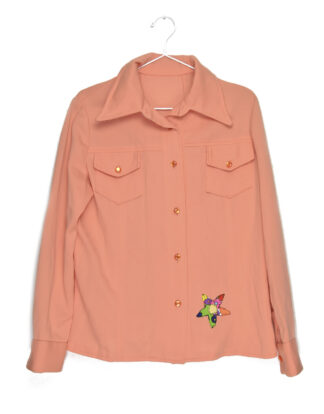 70's blouse salmon color with colorful flower print on back