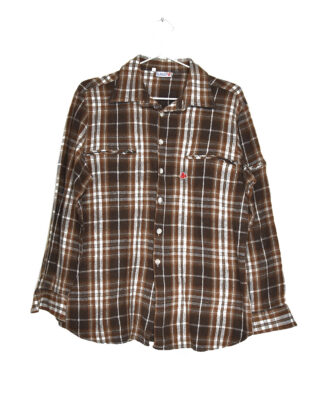 Brown and white checkered flannel shirt