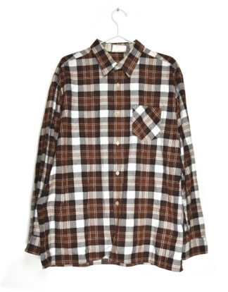 Brown and white checkered flannel shirt