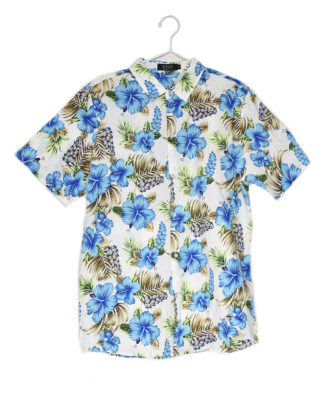 Hawaii blue flowers white shirt - L
