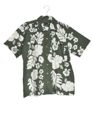 Hawaii white flowers and leaves dark green shirt - M