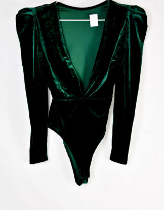Green satin textured v neck body suit - M