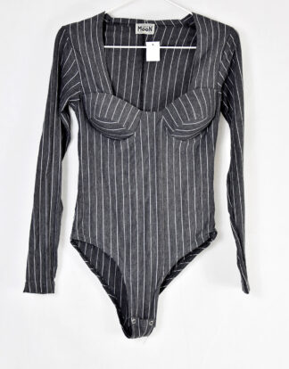 Grey with vertical white lines body suit - S