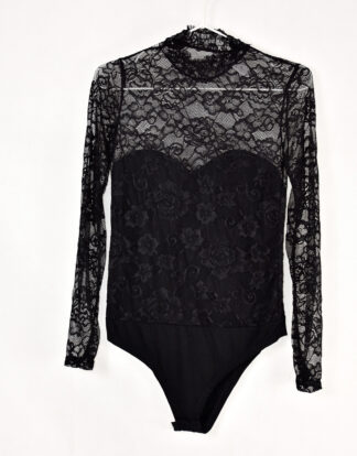 Net fabric black long sleeves body suit - M