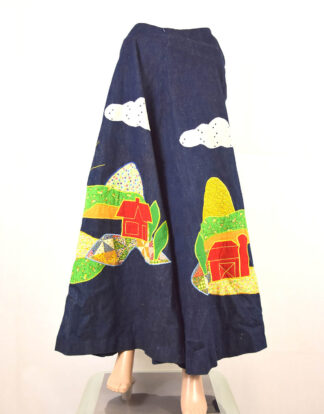 Retro blue with house and mountains print ladies skirt