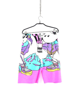 80's retro comic purple and blue print shorts