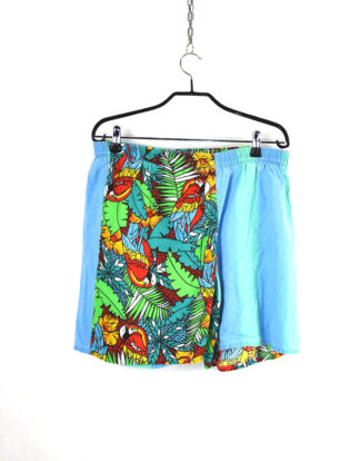 Retro palms and birds print light blue shorts