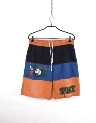 Retro baseball print orange blue and black shorts
