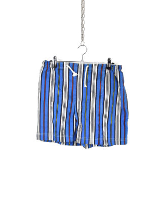 Vertical blue white and black lines print shorts